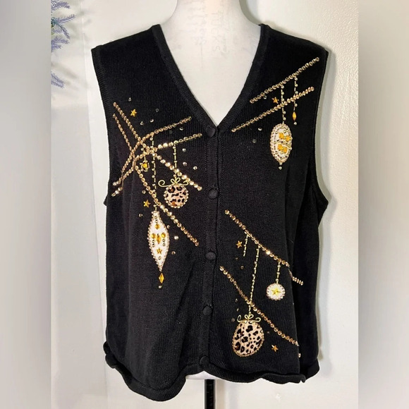 Westbound,XL, button front cardigan vest w/beading sequent, gemstones ornaments - Picture 1 of 5